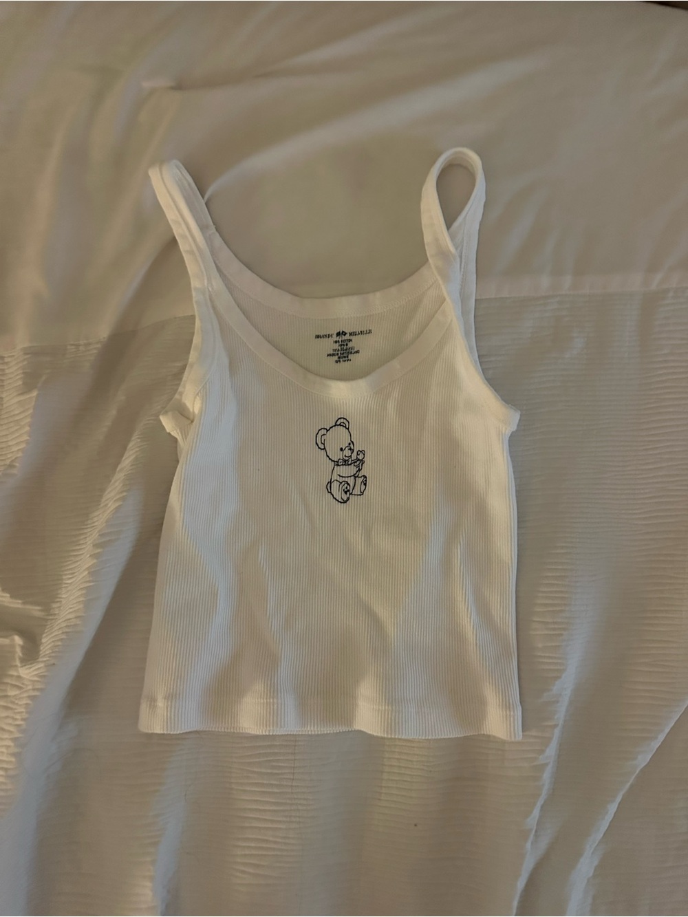 Brandy Melville White Ribbed Tank Top with Bear Graphic